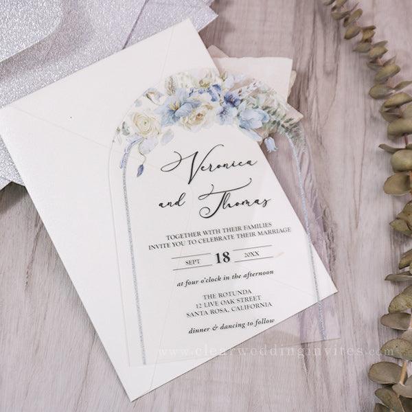 Light Blue and Ivory Flowers Transparent Acrylic UV Printed Invitations CWIA180